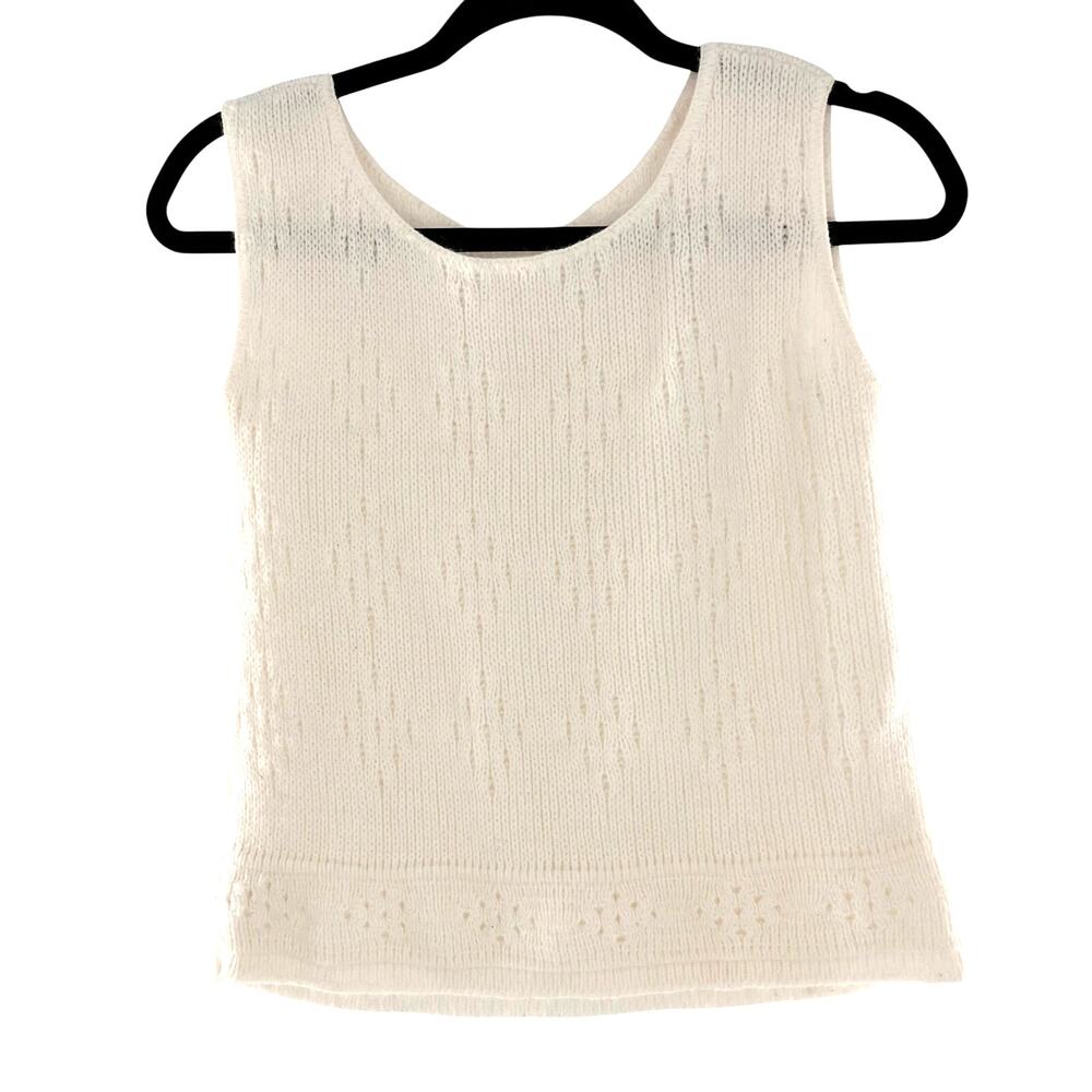 vintage women's white pointelle knit sweater vest acrylic SM sleeveless sweater